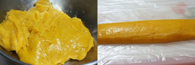 거피팥 고물에 돌돌 말은 노오란 단호박 인절미
